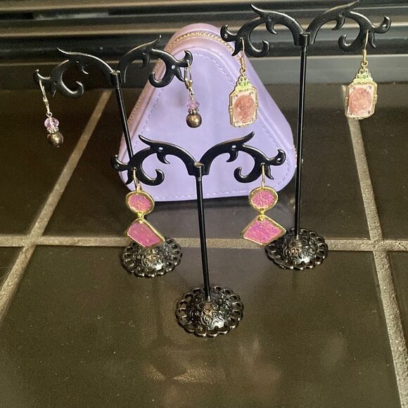 3 pairs of earrings with purple triangle travel pouch, good used condition - Picture 1 of 10